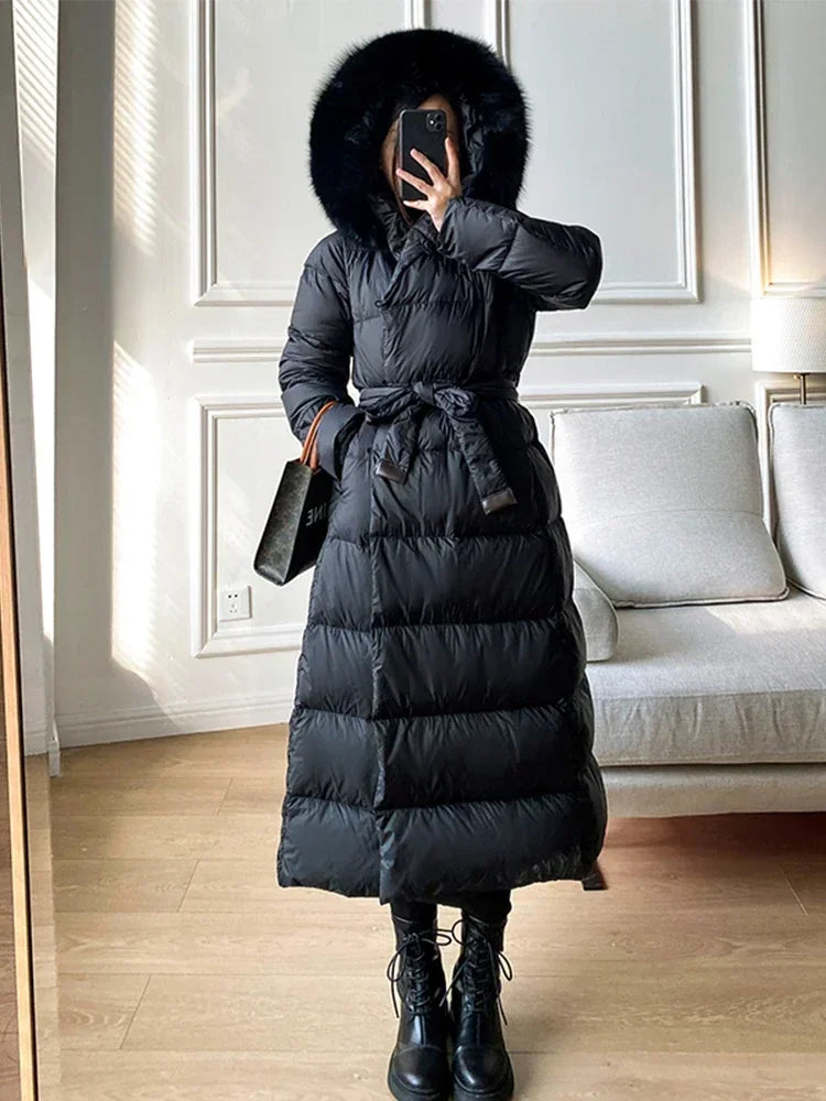 Women’s Long Duck Down Coat with Real Fur-Trim Hood