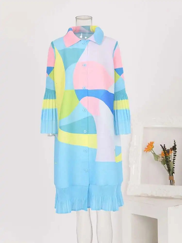 LANMREM Maxi Pleated Dress For Women Lapel Single Breasted Long Sleeves Color Block Tassel Hem Loose Chic Clothing Autumn 2R5928