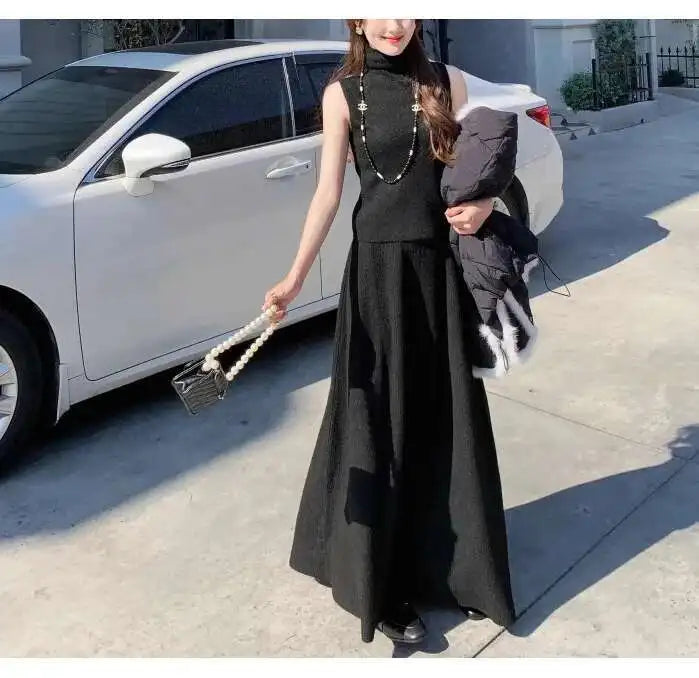 Ensemble 3 Pièces Tricoté Élégant Femme – Long Cardigan, Gilet Sans Manches, Jupe Longue Taille Haute Évasée