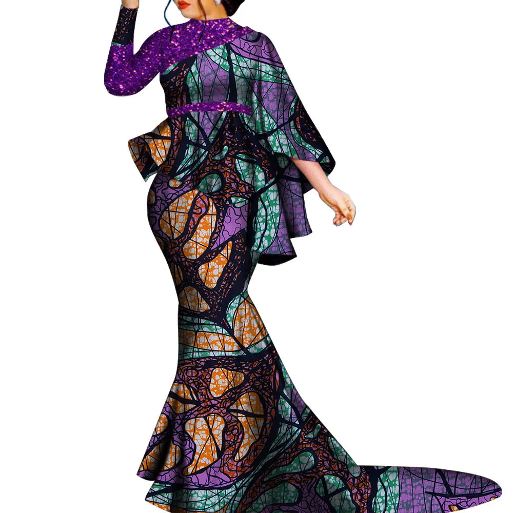 African Clothes for Women Bazin Riche Floral Printed 2 Piece Sets Irregular Bat Sleeve Top and Long Skirts Lady's Party Outfits