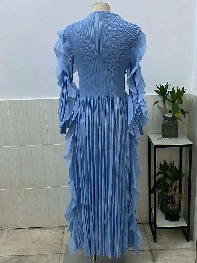 LANMREM Elegant Pleated Dress For Women Stand Collar Puff Sleeves High Stretch Personalized Dresses 2025 Spring New 2Z2817