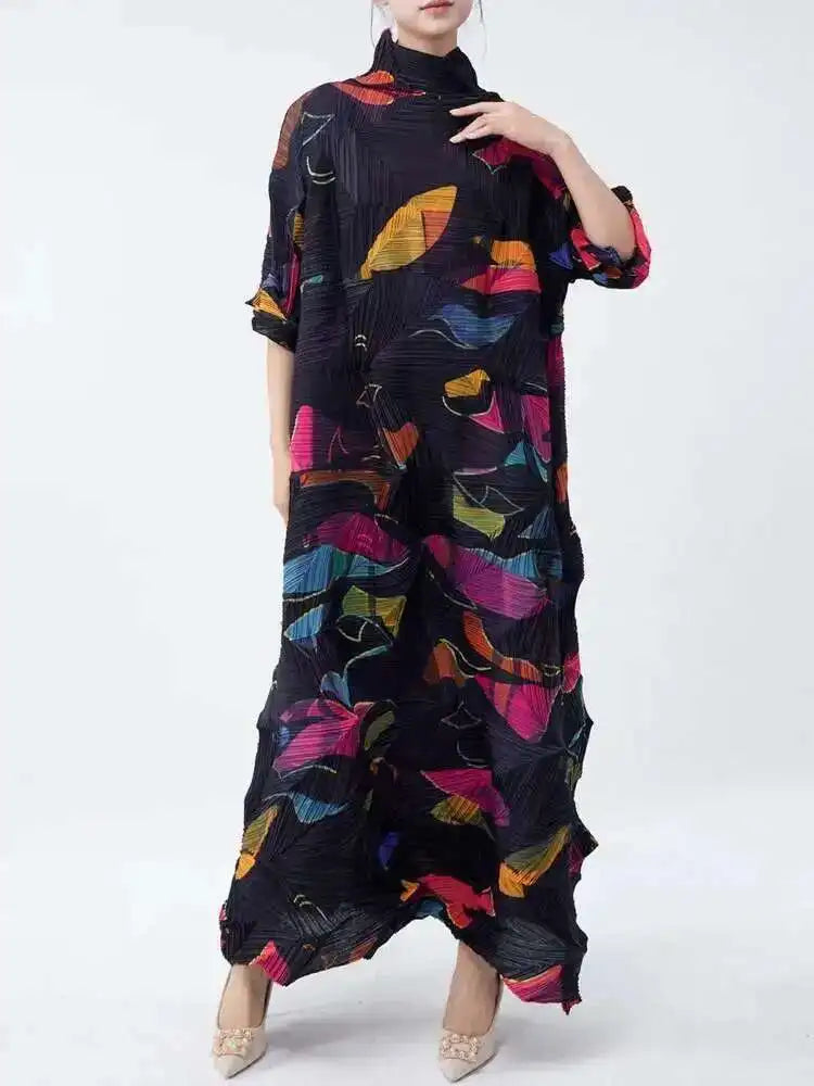 LANMREM Large Size Pleated Dress For Women Turtleneck Printing Loose Dresses Female Casual Clothing 2025 Spring New 2DB2113