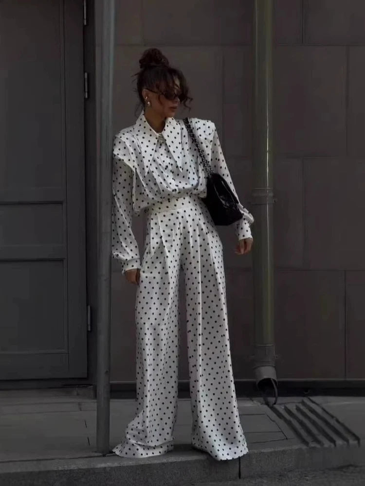Polka Dot Two-Piece Set | High Collar Top & Ankle-Length Skirt