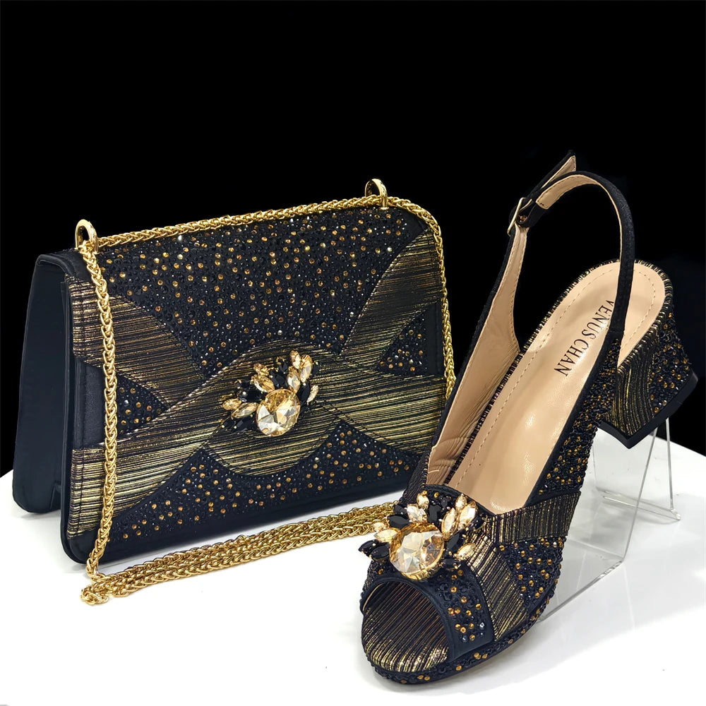 Elegant Women's Peep-Toe Heels and Matching Wine Color Diamond Pumps Set - Stylish Italian Shoes and Bags for Parties