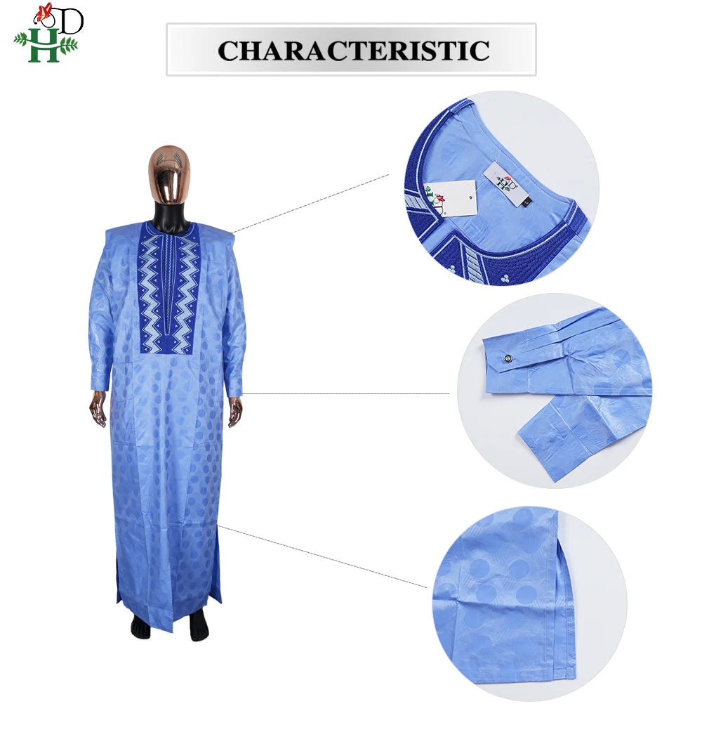 H&D 2026 African Clothing For Man Traditional Agbada Sets 3PCS Blue Thobe Pant Suits Bazin Riche Embroidery Wedding Party Dress