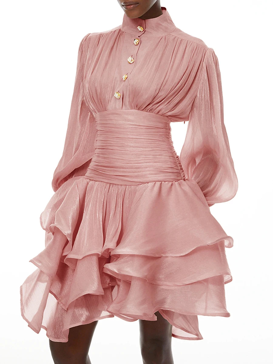 VGH Elegant Pink High Neck Organza Fabric Mini Dresses for Women Puff Sleevs Ruched Waist Tiered Ruffles for Cocktail Parties