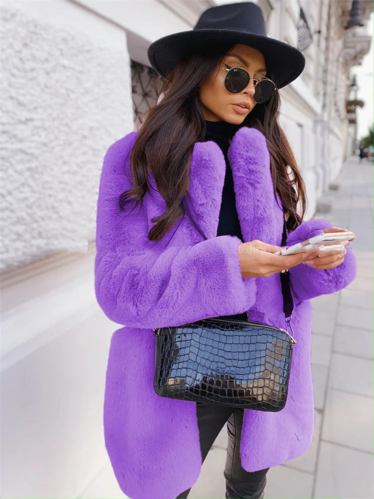 Women's Faux Fur Coat Long Sleeve Lapel Winter Coat