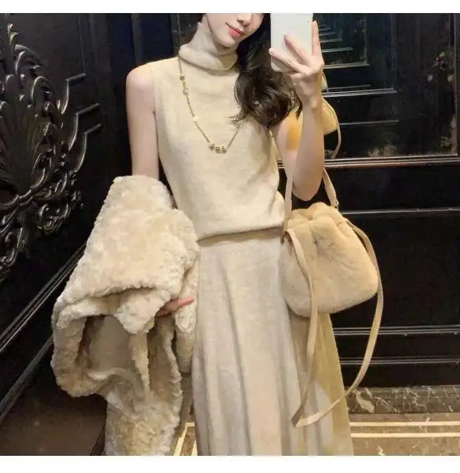 Ensemble 3 Pièces Tricoté Élégant Femme – Long Cardigan, Gilet Sans Manches, Jupe Longue Taille Haute Évasée