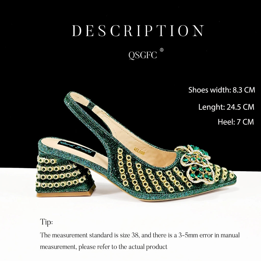 2026 New Arrival Italian-Inspired Champange Rhinestone Pointed Toe Women’s High Heels with Matching Handbag Set Elegant Wedding