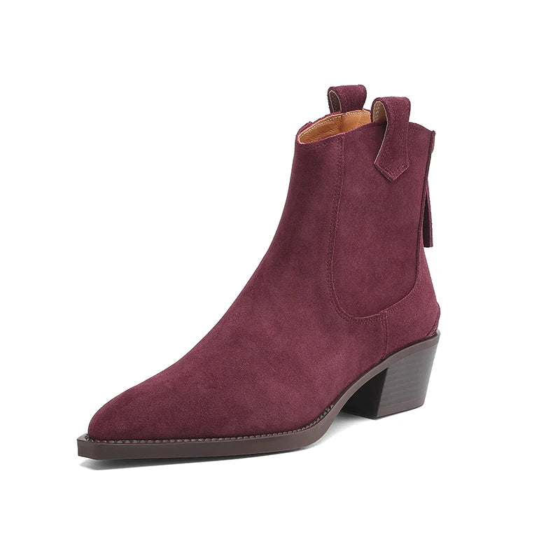 New 2025 Trend Autumn Cow Suede Women Western Boots Black Brown Khaki Chocolate Green Burgundy Pointed Toe Ladies Ankle Boots