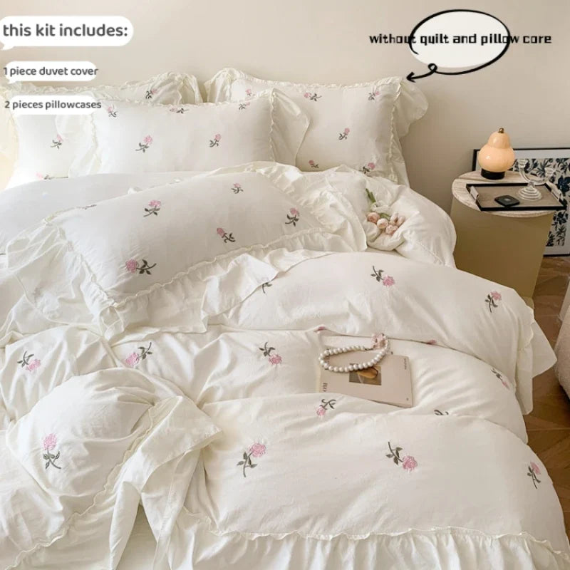3pcs Rose Embroidered Duvet Cover Set (1*Duvet Cover + 2*Pillowcase, Without