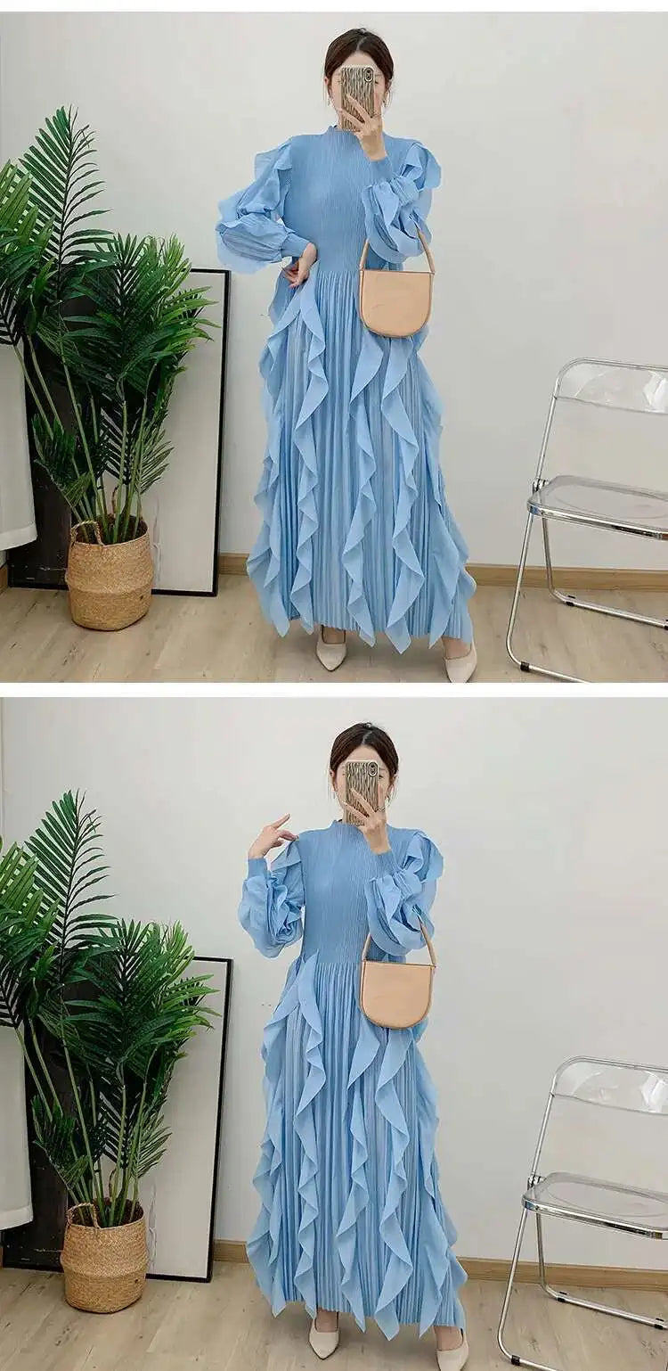 LANMREM Elegant Pleated Dress For Women Stand Collar Puff Sleeves High Stretch Personalized Dresses 2025 Spring New 2Z2817