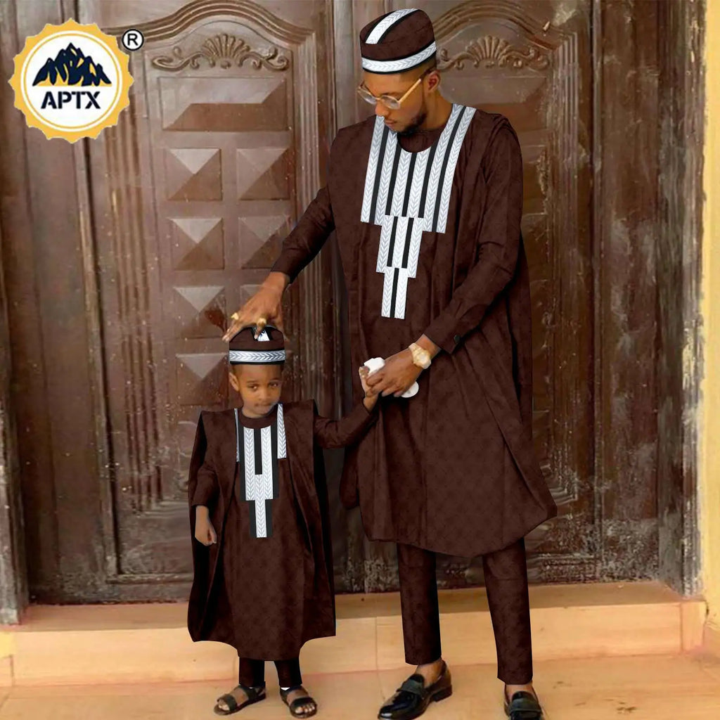 Tenue assortie africaine pour la famille en Bazin Riche, ensembles musulmans, vêtements Dashiki père et fils, robe Agbada, chemise et pantalon, chapeau Y23F001