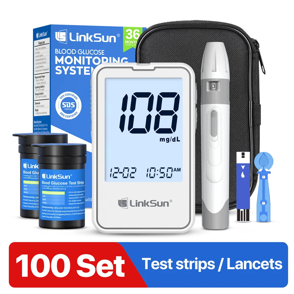 LinkSun G-425-3 Lecteur de glycémie Glucomètre Kit complet médical pour diabète Moniteur de glycémie Bandelettes de test de glucose