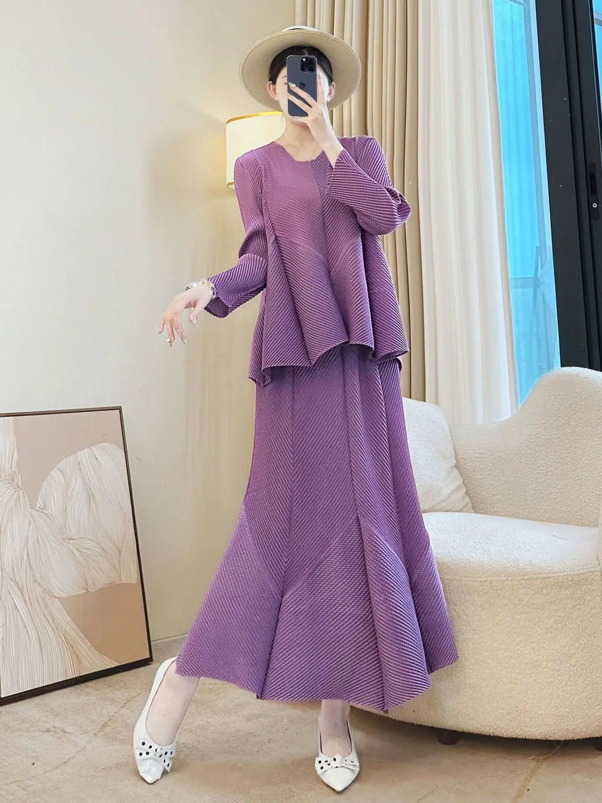 LANMREM Niche New Pleated Women's Two Pieces Set Round Collar Long Sleeve Irregular Patchwork T-shirt And Fishtail Skirt 2DB5114