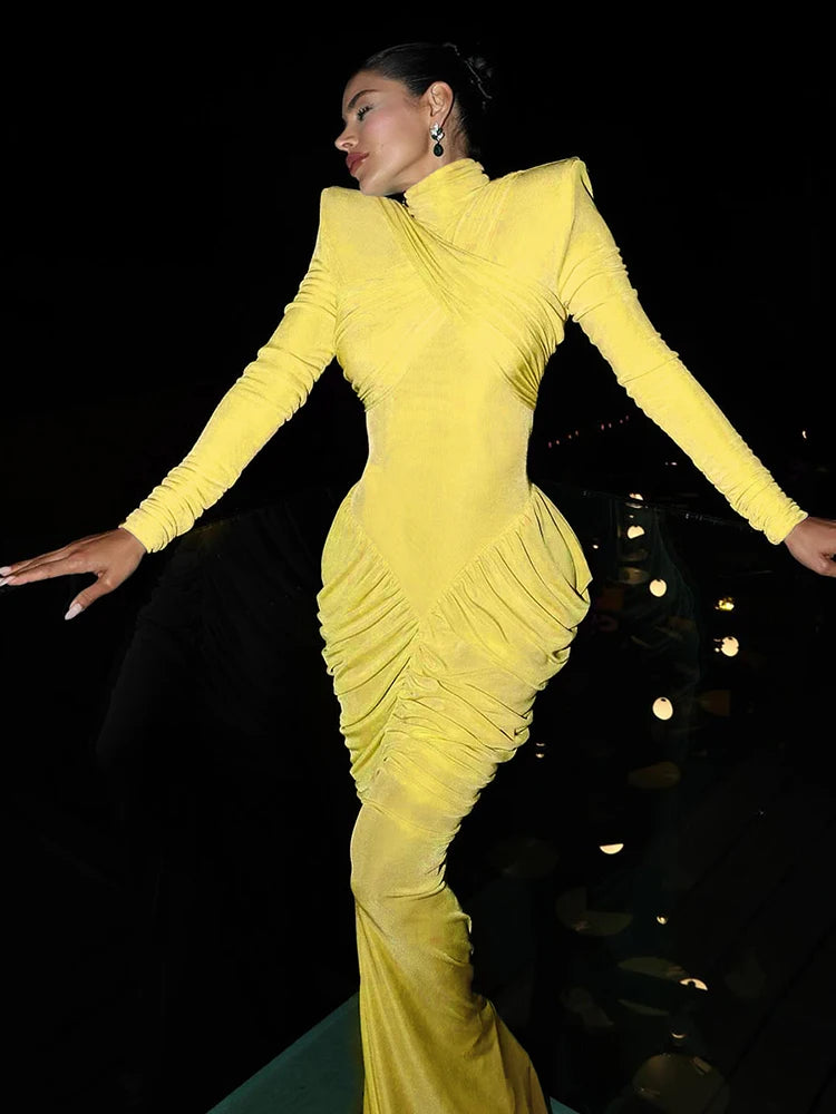 Women's Backless Turtleneck Ruched Maxi Dress