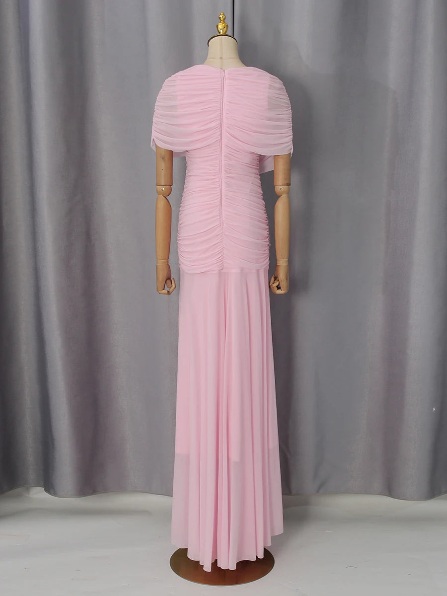 VGH Luxury Galas Event Black Sheer Mesh Ruched Maxi Dress for Women O Neck Short Sleeves Bodycon Silhouette Skirt for Red Carpet