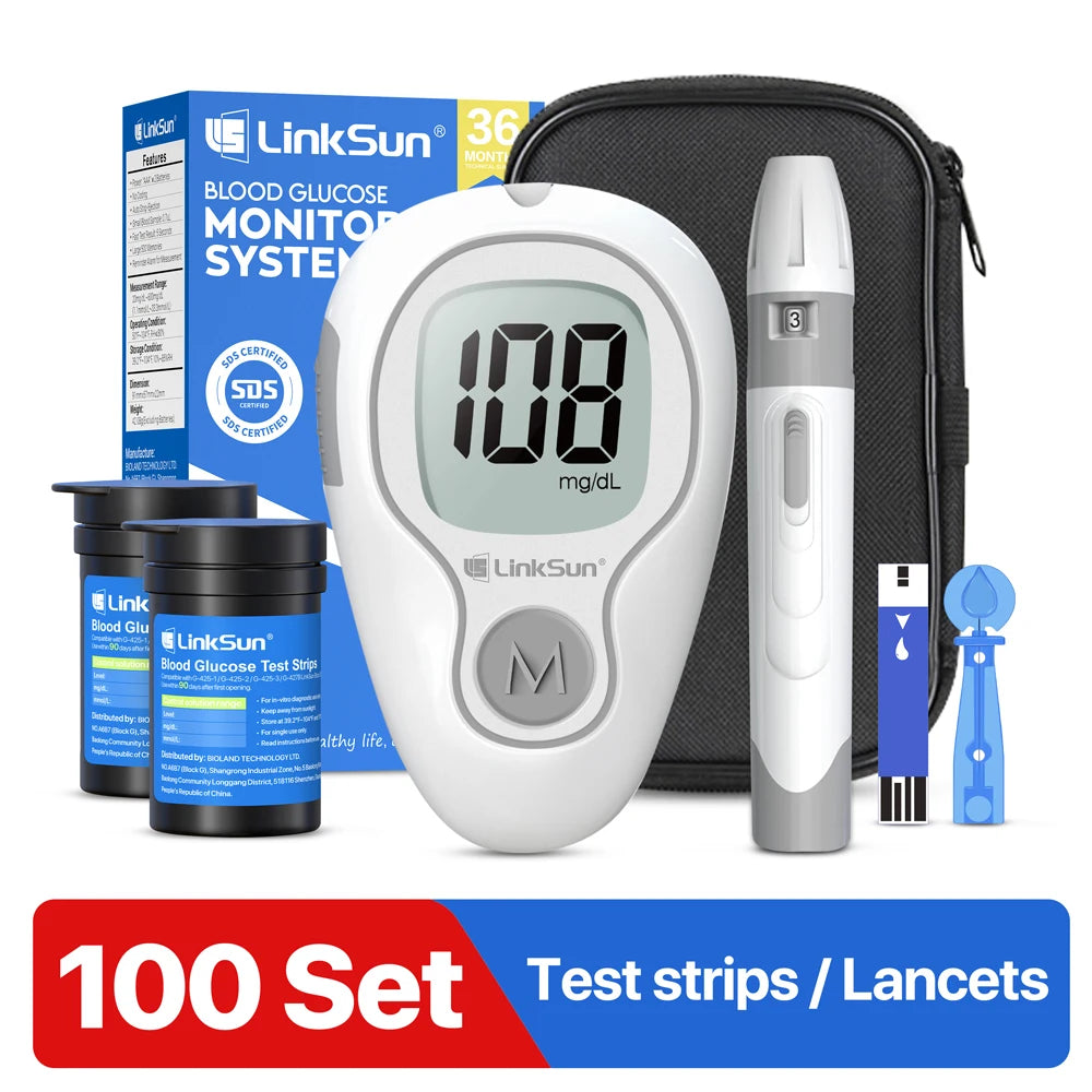LinkSun G-425-3 Lecteur de glycémie Glucomètre Kit complet médical pour diabète Moniteur de glycémie Bandelettes de test de glucose