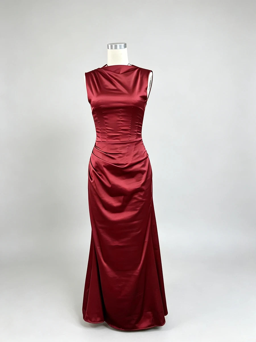 VGH Solid Fashion Satin Cowl Neck Maxi Dress For Women Sleeveless Ruched Waist Mermaid Hem Elegant Evening Banquet Chic Outfit