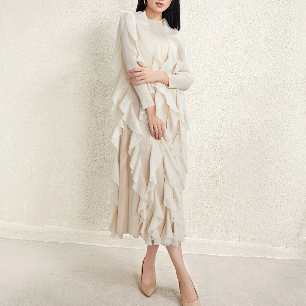 Miyake Style Pleated Dress for Women 2025 Solid Color Round Neck Long Sleeve Loose Large Size Ruffled Irregular Long Skirt