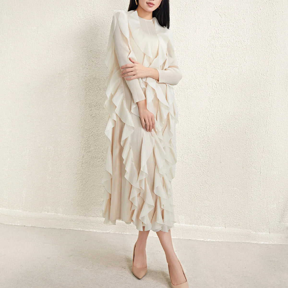Miyake Style Pleated Dress for Women 2025 Solid Color Round Neck Long Sleeve Loose Large Size Ruffled Irregular Long Skirt