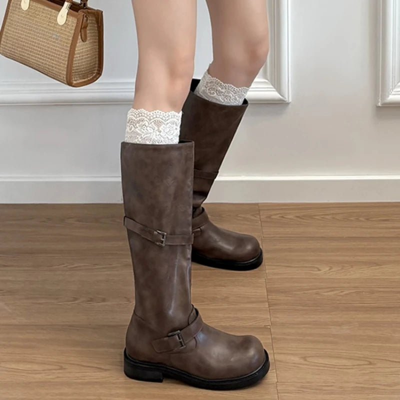 Vintage Belt Buckle Women Knee High Boots Elegant Low Heel Slip On Shoes Autumn Winter Ladies Knight Long Booties