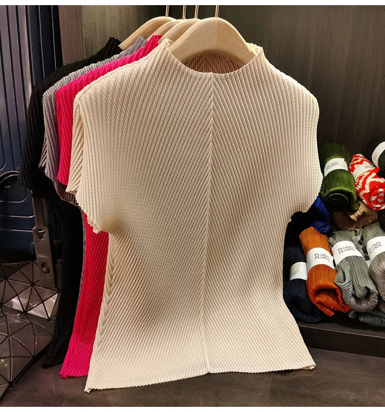 LANMREM Stand Collar Dragon Scale Pleated T-shirt High-end Versatile Slimming Short Sleeved Women's Summer Pullover Tops 2DB3044