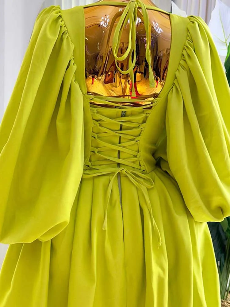 Women Ruched Sleeves Spring High Waist Elegant Slash Neck Long Sexy Green Dress