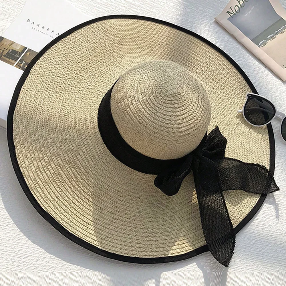 Women's Oversize Brim Straw Hat Women's Summer Sun Block Big Brim Hat Seaside Bow Beach Hat Suitable For Sun Protection