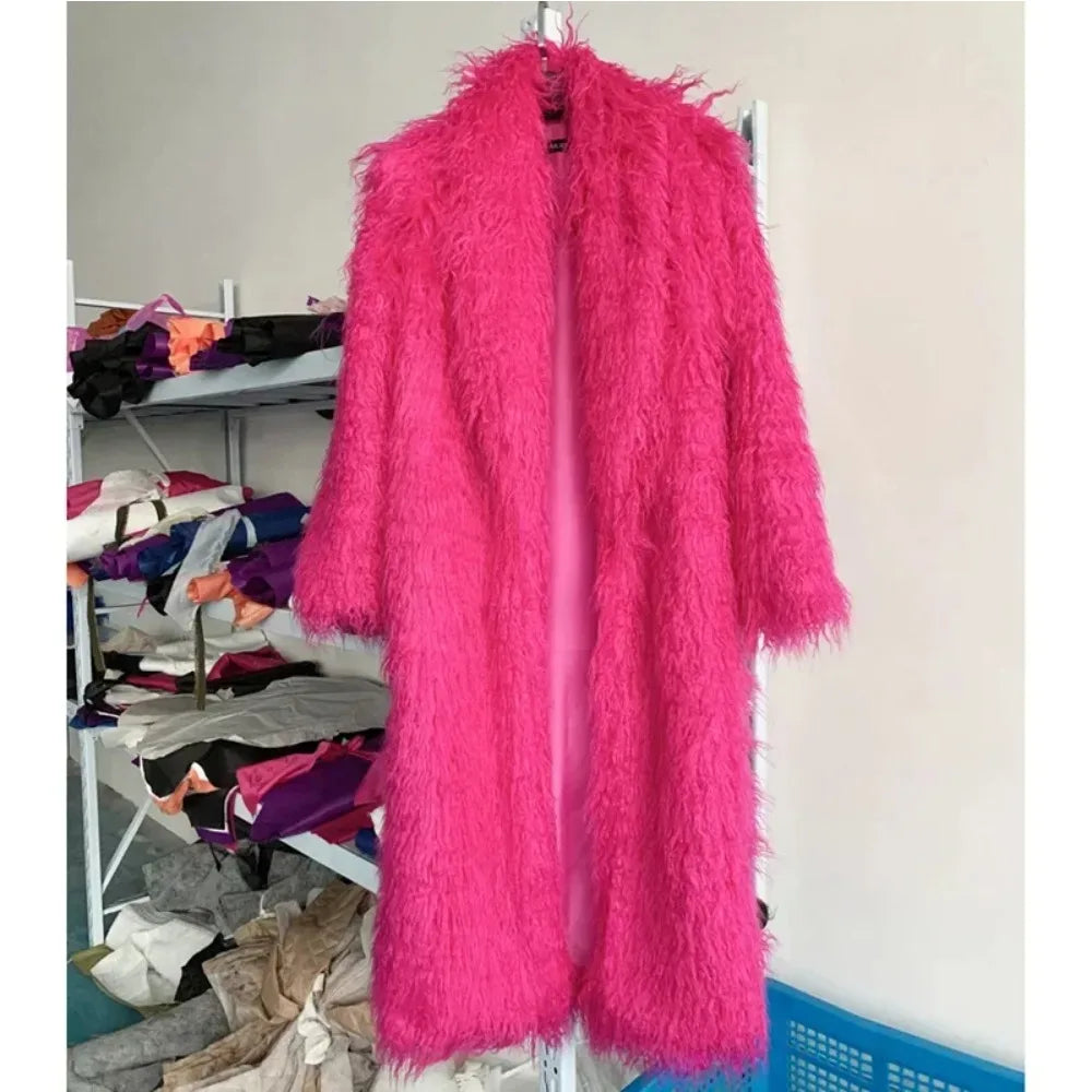 Veste en fausse fourrure femme, manteau long épais et duveteux pour l'hiver, shaggy, ouvert, col rabattu, streetwear