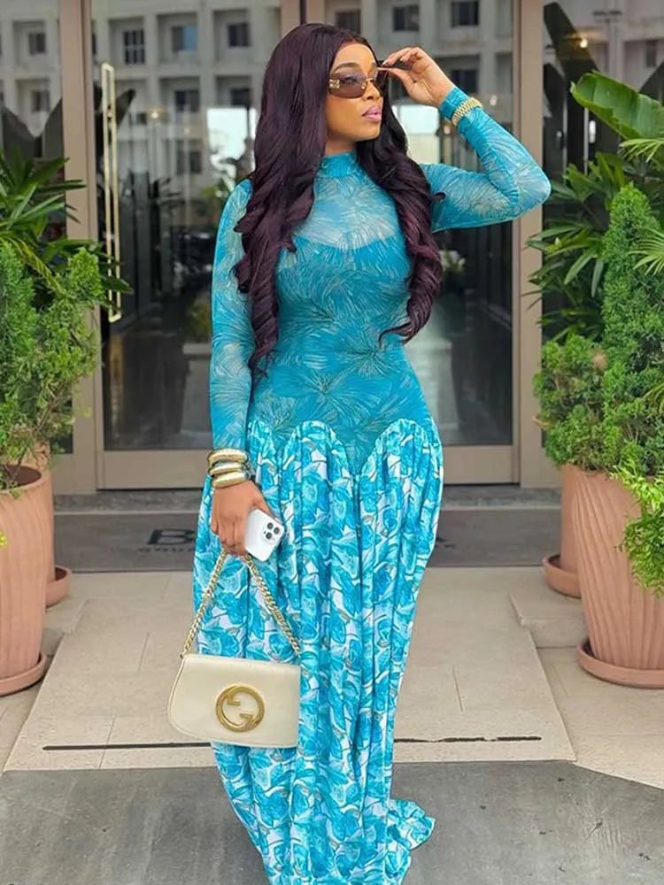 Robe longue femme automne bleu clair, manches longues, taille ajustée, col mi-montant, chic élégante, tenue de soirée