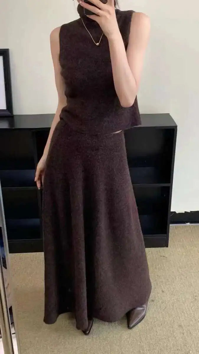 Ensemble 3 Pièces Tricoté Élégant Femme – Long Cardigan, Gilet Sans Manches, Jupe Longue Taille Haute Évasée