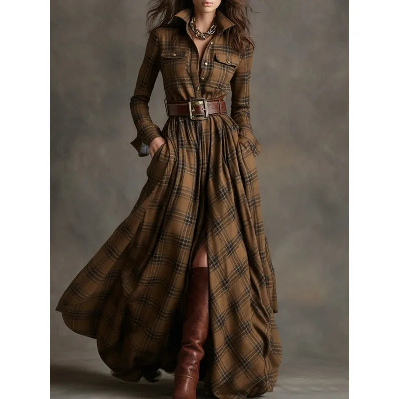French Retro Plaid Maxi Shirt Dress – Slit | Belted | Polo Collar | Princess Sleeves | Pockets | S–XXL | 6 Colours