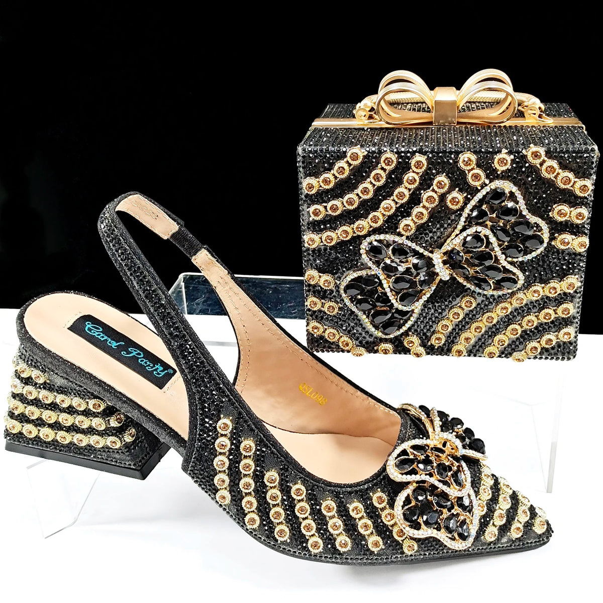 2026 New Arrival Italian-Inspired Champange Rhinestone Pointed Toe Women’s High Heels with Matching Handbag Set Elegant Wedding