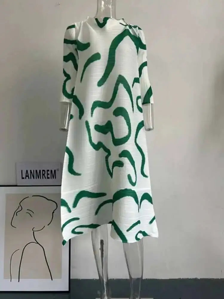 LANMREM Color Block Pleated Dress Women Loose Style Long Length Fashion Dresses Festival Clothes 2024 Spring Summer New 2DA1028