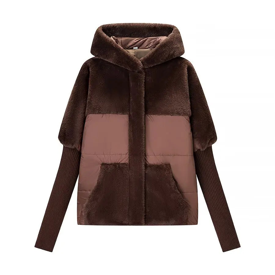 Women’s Hooded Faux Fur Patchwork Coat – Knit Sleeves | Drop Shoulder | Zip-Up | Cotton Padded | S–L | Black, Red & Dark Brown