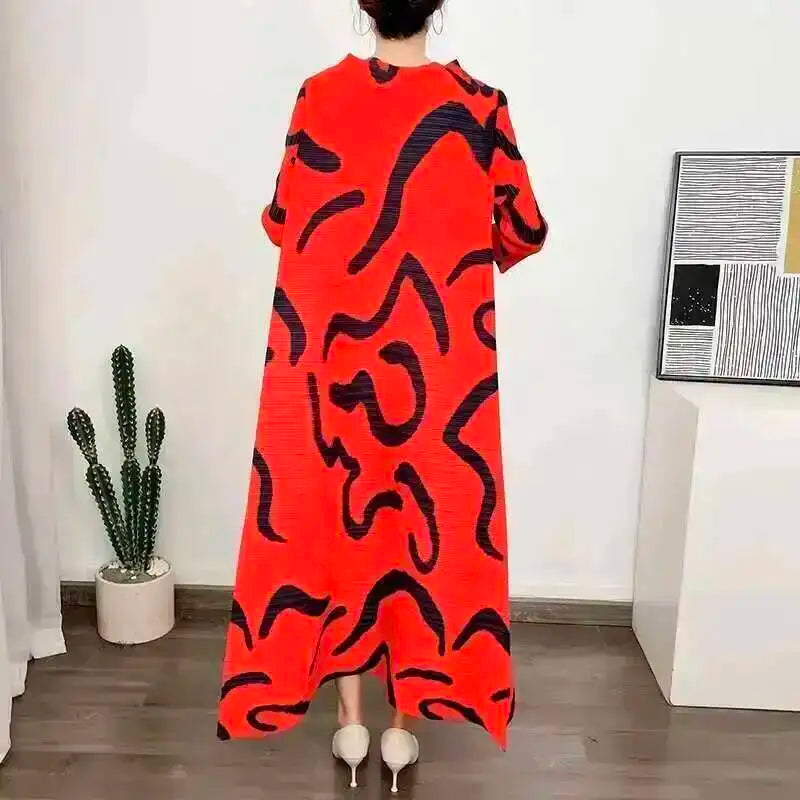 LANMREM Color Block Pleated Dress Women Loose Style Long Length Fashion Dresses Festival Clothes 2024 Spring Summer New 2DA1028
