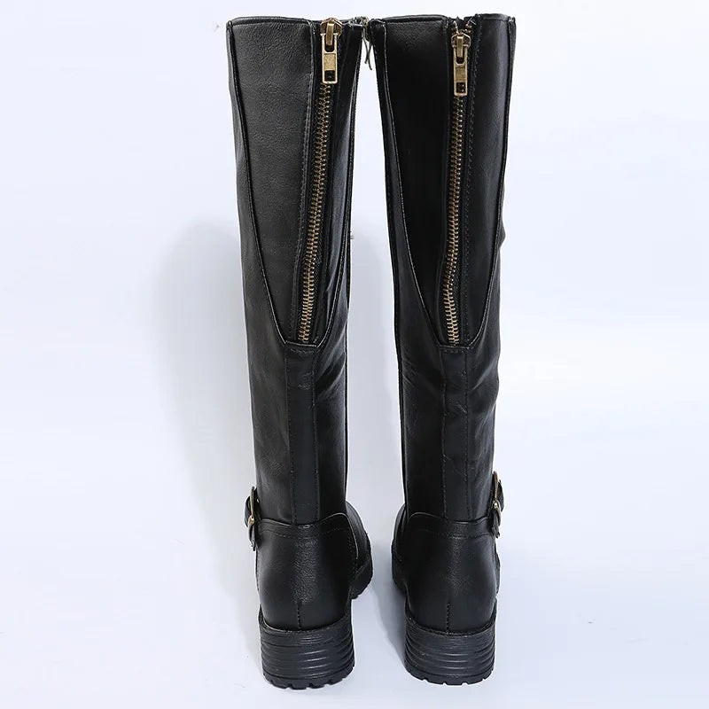 Women Knee High Boots Platform Long Boots Low Heels Round Toe Shoes New Zip Brown High Boot Vintage Pu Leather Women Boots 2025