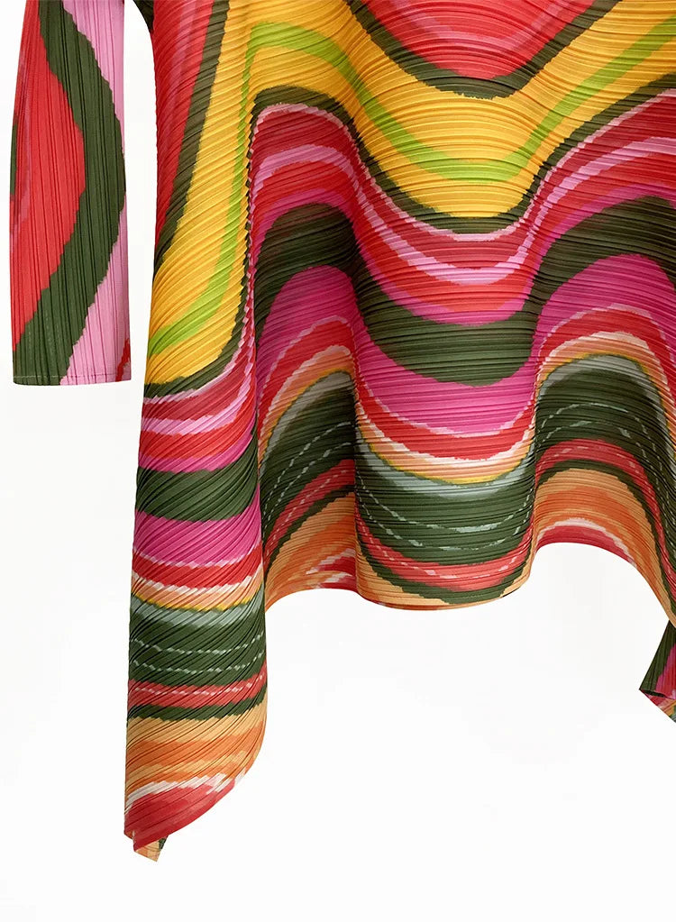 2025 Spring New Women's 2 Piece Set Miyake Pleated Top Fashion Stripe Age Reducing Suit Fashionable Matching Printed Half Skirt