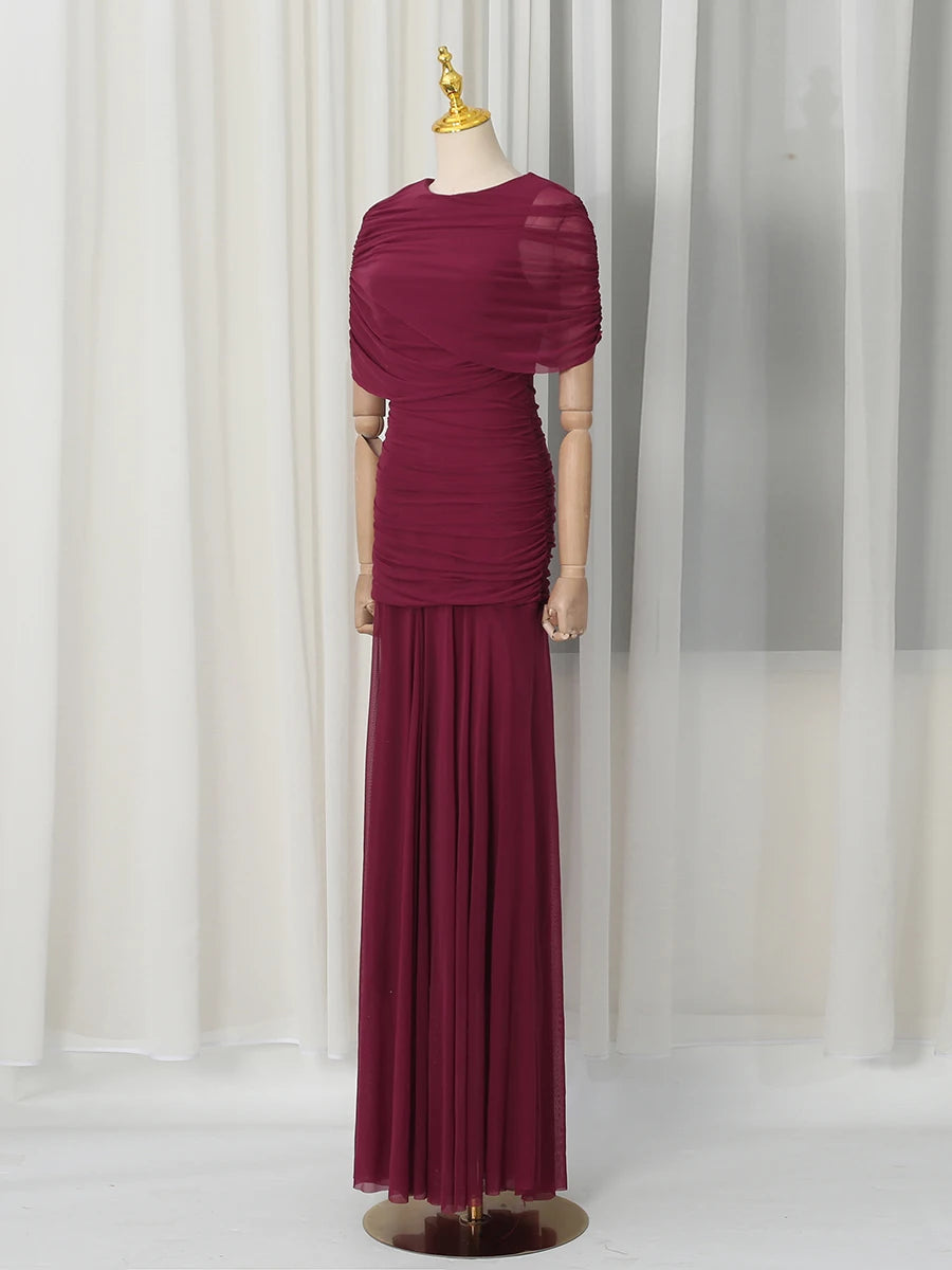 VGH Luxury Galas Event Black Sheer Mesh Ruched Maxi Dress for Women O Neck Short Sleeves Bodycon Silhouette Skirt for Red Carpet
