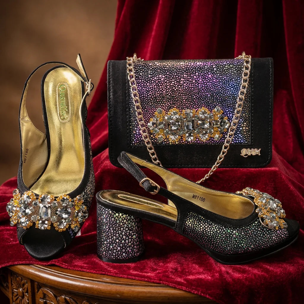 Women's Rhinestone Embellished Heels & Bag Set – Peep Toe Slingback Pumps