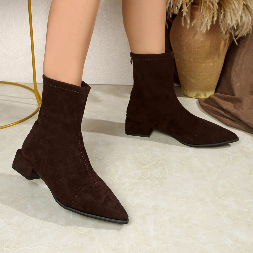 Winter Comfortable Square Heel Zipper Plus Size Work Boots Fashionable New Pointed Suede Sexy Casual Riding Boots for Women