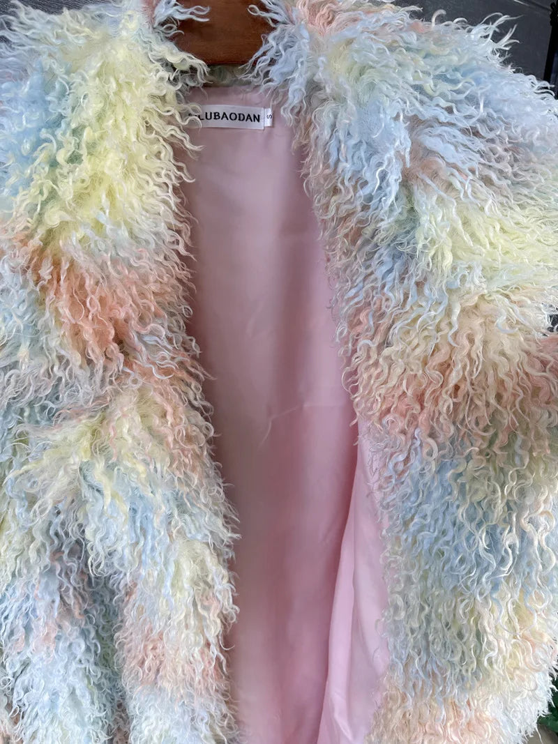 LANMREM Trendy Women's Faux Fur Coat Printed Colorful Furry Coats Autumn Winter Chic Suit Collar Thick Long Overcoat 2DB5840