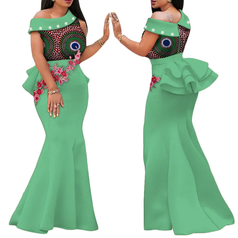 Women’s Ankara Print Appliqué & Pearl Long Dress – Draped | Kanga Riche | Wedding, Party & Traditional | XS–6XL + Custom | 11 Prints