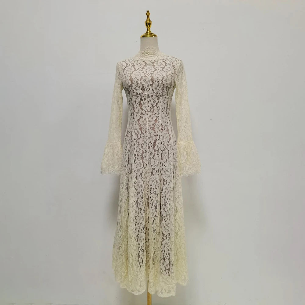 VGH White Loose Spliced Lace Chic Dresses for Women O Neck Long Sleeve French Elegant Dress Female Summer Fashion Style Clothing