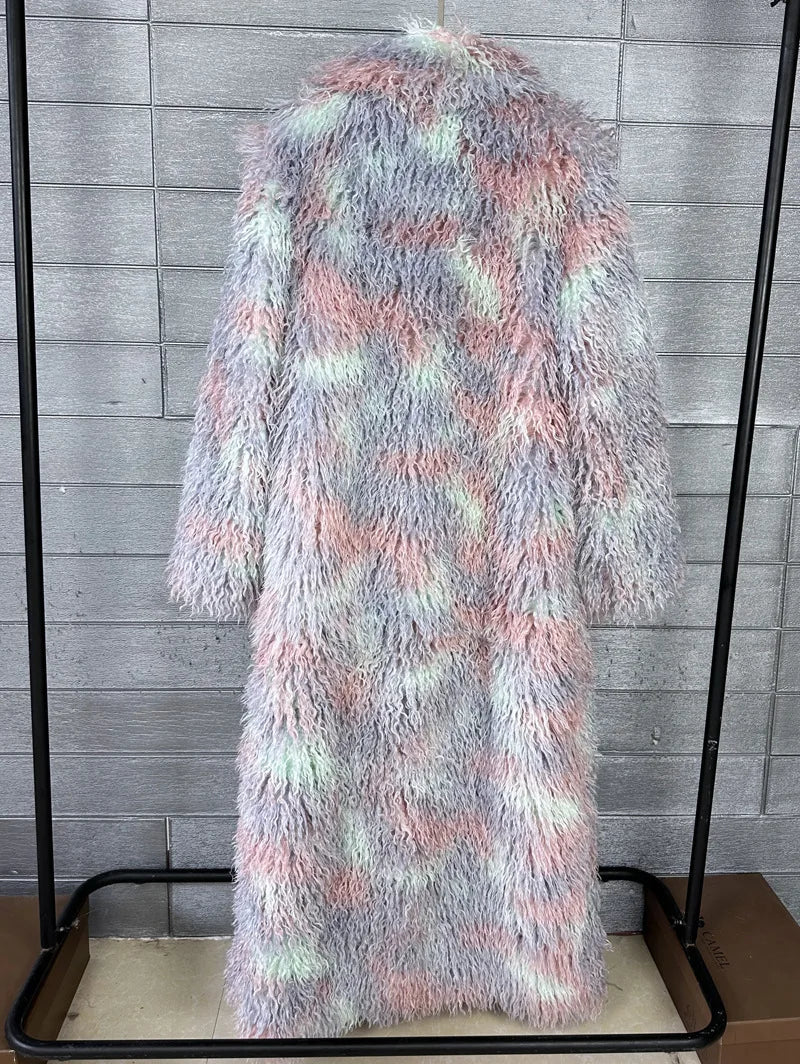 LANMREM Trendy Women's Faux Fur Coat Printed Colorful Furry Coats Autumn Winter Chic Suit Collar Thick Long Overcoat 2DB5840