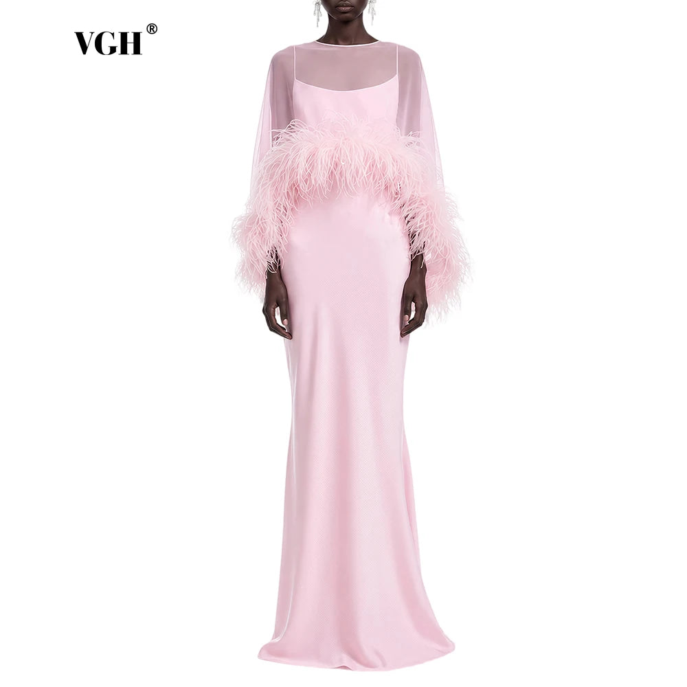 VGH Formal Feather Cape Sleeve Maxi Dress for Women O Neck Spaghetti Strap Floor Length Long Evening Prom Cocktail Party Gown