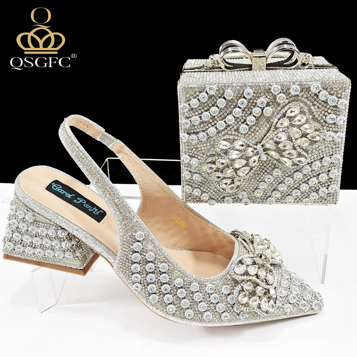2026 New Arrival Italian-Inspired Champange Rhinestone Pointed Toe Women’s High Heels with Matching Handbag Set Elegant Wedding