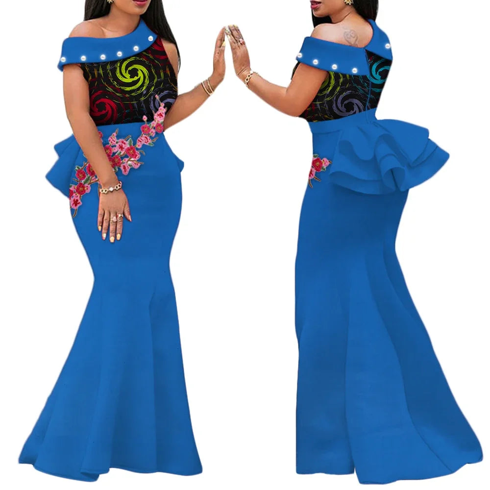Women’s Ankara Print Appliqué & Pearl Long Dress – Draped | Kanga Riche | Wedding, Party & Traditional | XS–6XL + Custom | 11 Prints
