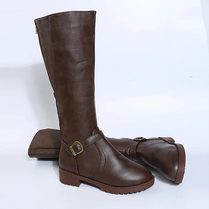 Women Knee High Boots Platform Long Boots Low Heels Round Toe Shoes New Zip Brown High Boot Vintage Pu Leather Women Boots 2025